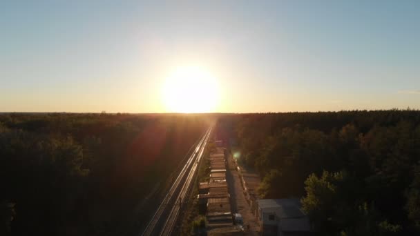 Tiro aéreo de floresta de abeto horizontal com estrada de ferro reta no pôr do sol agradável — Vídeo de Stock