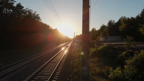 Spoorweg met veel crosstjes in een dennenbos met garages in Oekraïne bij zonsondergang — Stockvideo
