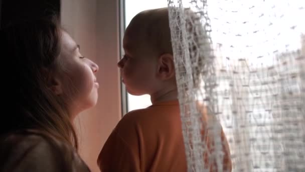 Young mother with her little kid stands near window and kiss him in slow motion. — Stock Video