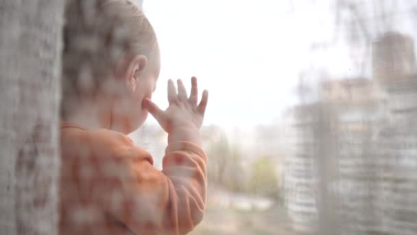 Egy kis szőke fiú áll az ablakpárkányon, és úgy néz ki az ablakon — Stock videók