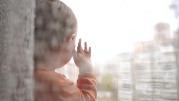 Un petit garçon blond se tient sur le rebord de la fenêtre et regarde par la fenêtre — Video