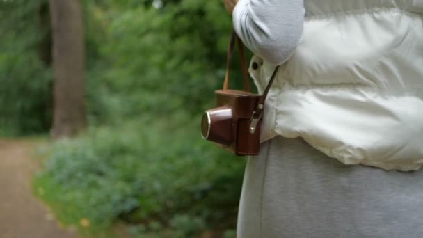 Mujer alegre caminando con una cámara marrón en su hombro en madera en primavera — Vídeos de Stock