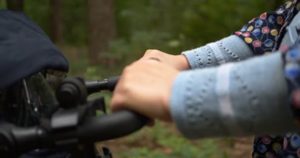 Oude vrouwelijke handen duwen een baby Pram buiten in bos in de lente in slow motion — Stockvideo