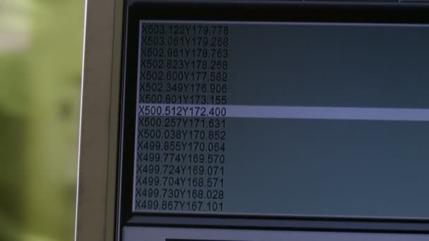 Stor datorskärm med förändrade siffer rader i en anläggnings verkstad — Stockvideo