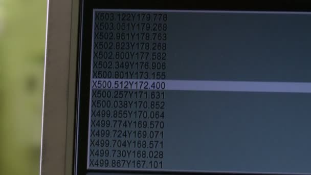 Innowacyjny ekran komputerowy z skokami linii cyfr w warsztacie zakładu — Wideo stockowe