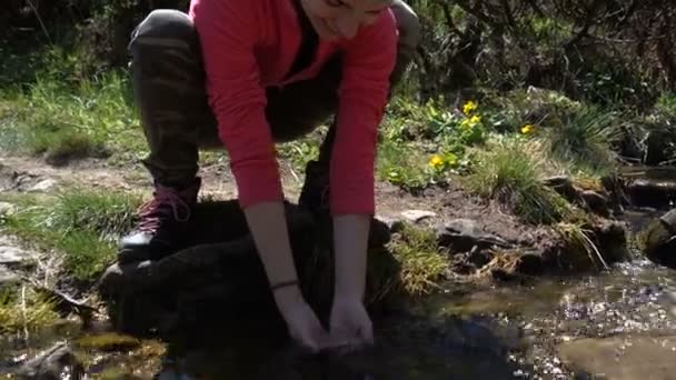 Las manos femeninas toman puñados de agua de un arroyo en los Cárpatos en slo-mo — Vídeo de stock
