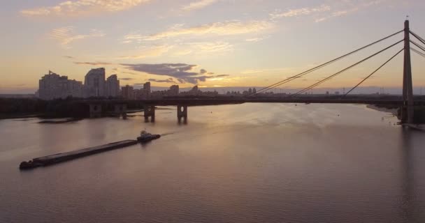 Coches moviéndose en un puente de cable colgante sobre el Dnipro en Kiev en verano . — Vídeo de stock