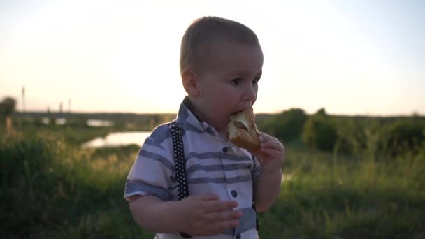 Um menino pequeno comendo uma torta no campo perto de grama alta e lagoa, câmera lenta — Vídeo de Stock