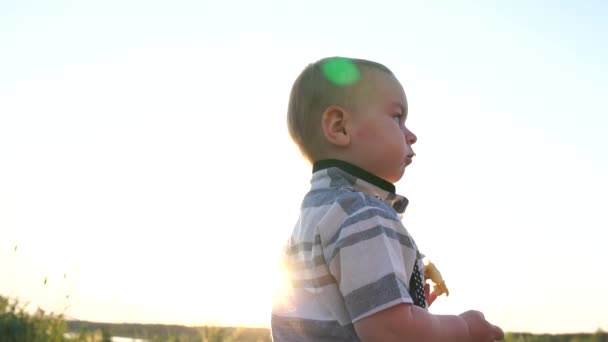 Um menino pequeno comendo uma torta na natureza e olhando para algo no céu — Vídeo de Stock