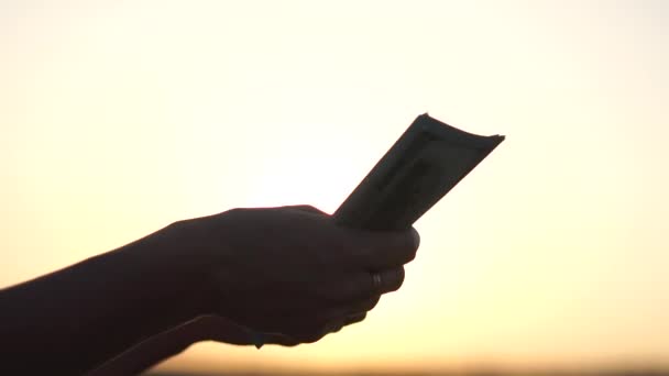 Recuperar el dinero en las manos de la chica contra el sol al atardecer en cámara lenta — Vídeos de Stock