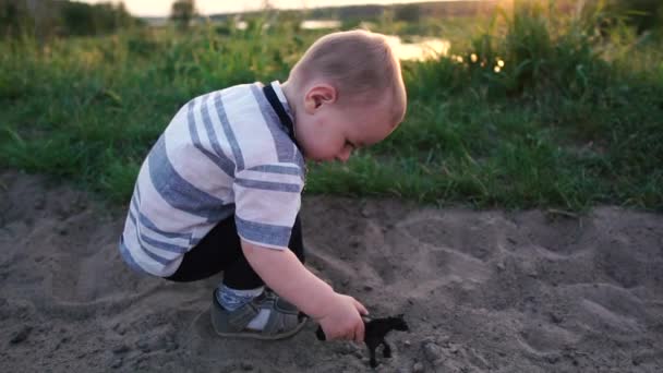 Un niño pequeño juega con un juguete de caballo en la arena en la naturaleza en cámara lenta — Vídeos de Stock