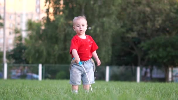 Uma criança séria faz grandes bolhas de sabão ao ar livre em câmera lenta — Vídeo de Stock