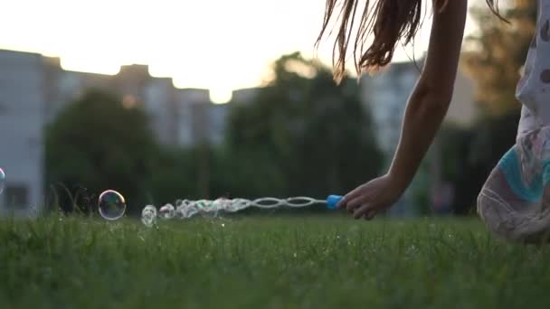 Las burbujas de jabón, creadas por una joven, vuelan sobre hierba verde en cámara lenta — Vídeos de Stock