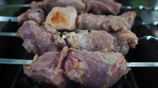 Raw shashlik meat is fried over a metallic brazier in summer in slo-mo — Stock Video