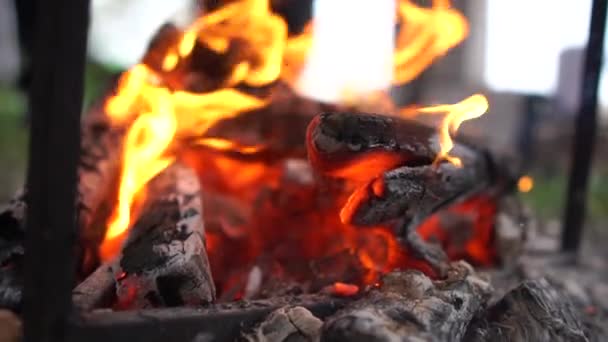 Blå eld flammande under en metallisk kruka på en solig dag i sommar i slow motion — Stockvideo