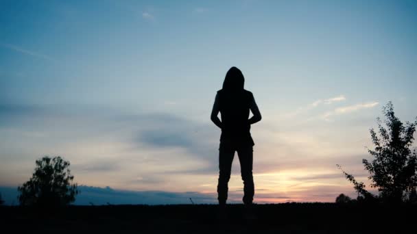 Een persoon in een kap staat alleen tijdens zonsondergang in een veld tegen een prachtige hemel — Stockvideo