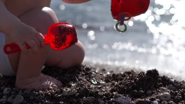 Maluch wylewa piasek do wiadra z łopatą na plaży w zwolnionym tempie — Wideo stockowe