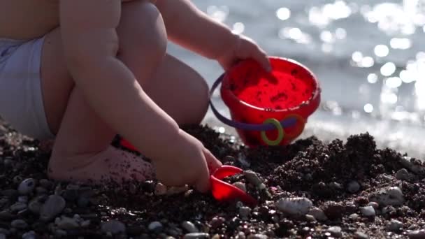 En liten pojke häller sand i en hink med en spade på stranden i slow motion — Stockvideo