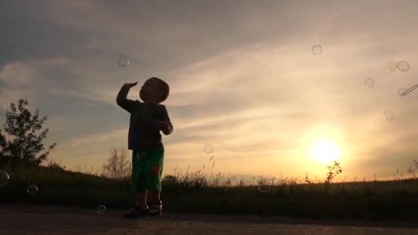 Aantrekkelijke mum staand en onderhoudend met bubbels en haar kind bij zonsondergang in slo-mo — Stockvideo