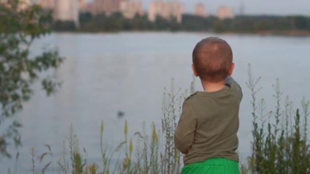 Cheery blond unge stående och pekar på en anka i en sjö vid solnedgången i slo-mo — Stockvideo