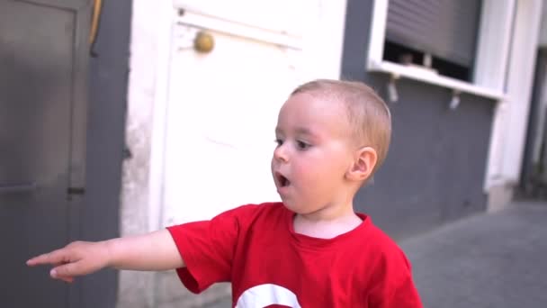 Il bambino ha visto qualcosa che lo interessava e mostra su di esso al rallentatore — Video Stock