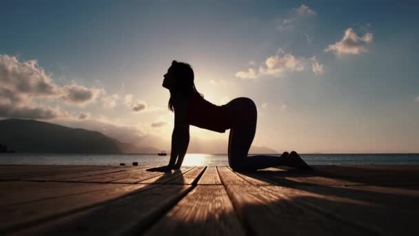 4k - uma silhueta feminina faz um exercício de gatinho em um pontão de madeira pelo mar — Vídeo de Stock