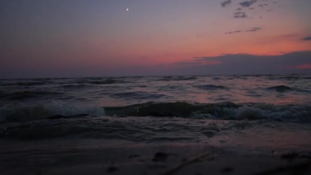 Wild sandy seashore and powerful waves splashing at it at splendid sunset in summer — Stock Video