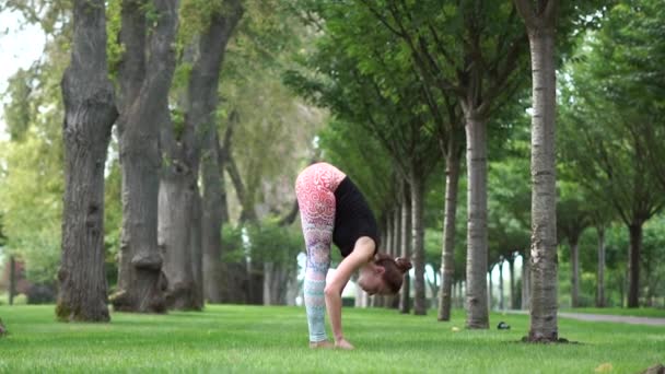 Yoga-Praxis eines jungen Mädchens im Park in Zeitlupe — Stockvideo