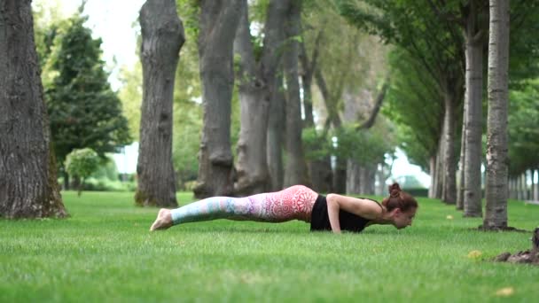 Hermosa chica realiza asanas de yoga en el parque en cámara lenta — Vídeos de Stock
