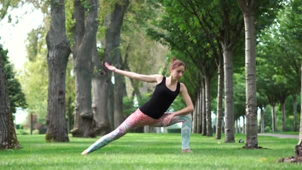 Beautiful athletic girl practices yoga in the park in slow motion — ストック動画