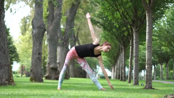 Práctica de yoga por chica joven en el parque en cámara lenta — Vídeo de stock