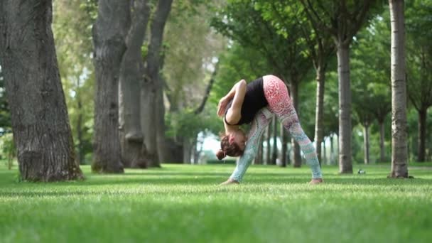 Yogi kızı parkta ağır çekimde egzersiz yapıyor. — Stok video