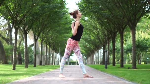 Una chica atlética delgada practica yoga en el parque en cámara lenta — Vídeo de stock