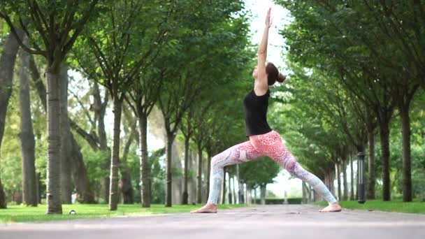 Young girl doing yoga in the park alley in slow motion — ストック動画