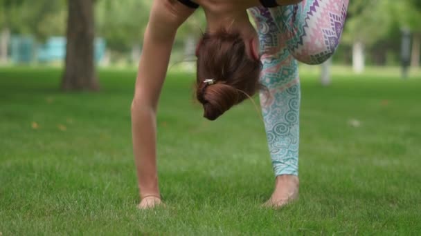 Dívka trénuje obtížnou jógu pózovat na rovnováhu na louce ve zpomaleném filmu — Stock video
