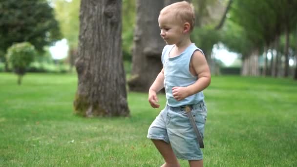 Klein schattig jongen loopt in het park voor zijn moeder in slow motion — Stockvideo