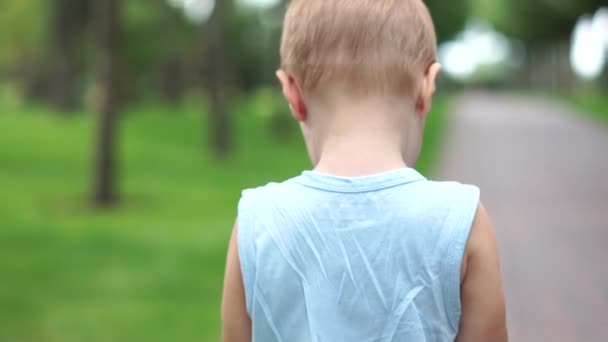 Маленький мальчик гуляет в парке со своей бабушкой в замедленной съемке — стоковое видео
