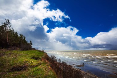 Soğuk bir Mayıs günü Ob nehir kıyısında. Novosibirsk region, Ob depo, Batı Sibirya, Rusya Federasyonu