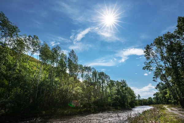 Summer landscape with river. Kamenka river, near the village of Altaiskoe, Gorny Altai, southern Siberia, Russia