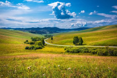 Asfalt yol tepeler ve Altay Dağları gidiyor. Dağ altay, Güney Sibirya, Rusya Federasyonu