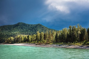 Turkuaz renkli suların Katun nehrin karşı dağlarda yaz. Dağ altay, Güney Sibirya, Rusya Federasyonu