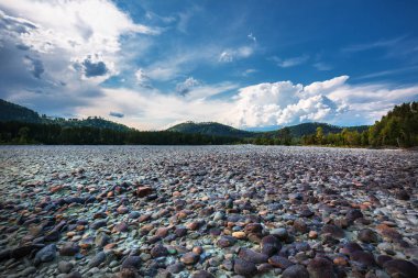 Yuvarlak taşlarla bared Katun nehir kıyısında. Dağ altay, Güney Sibirya, Rusya Federasyonu
