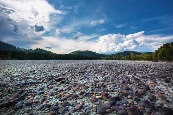 Yuvarlak taşlarla bared Katun nehir kıyısında. Dağ altay, Güney Sibirya, Rusya Federasyonu