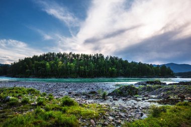 Dağ nehir Katun günbatımında dağlarla çevrili. Dağ altay, Güney Sibirya, Rusya Federasyonu