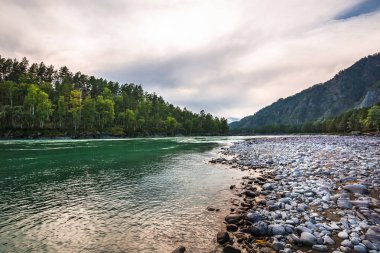 Dağ nehir Katun günbatımında dağlarla çevrili. Dağ altay, Güney Sibirya, Rusya Federasyonu