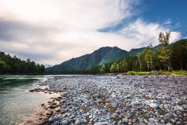 Dağ nehir Katun günbatımında dağlarla çevrili. Dağ altay, Güney Sibirya, Rusya Federasyonu