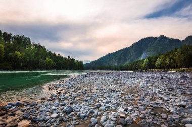 Dağ nehir Katun günbatımında dağlarla çevrili. Dağ altay, Güney Sibirya, Rusya Federasyonu