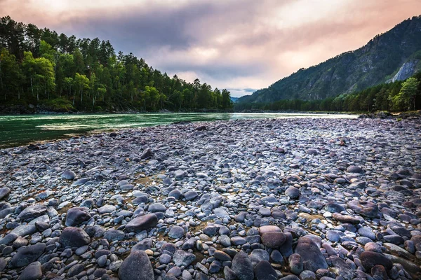 Montagna Fiume Katun Circondato Montagne Tramonto Montagna Altai Siberia Meridionale — Foto Stock