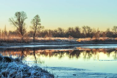 Sonbahar manzara Nehri ile çim üzerinde frost ile kaplı. Chik nehir, Kolyvan, Novosibirsk bölgesi, Batı Sibirya, Rusya Federasyonu