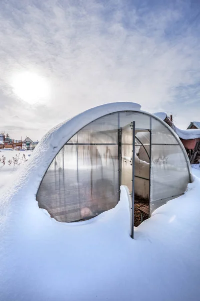 Snow Swept Greenhouse Made Polycarbonate Country Berdsk Novosibirsk Region Western — Stock Photo, Image